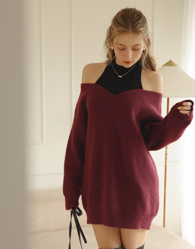 Cold Shoulder Oversized Knit Top With Color Block Design