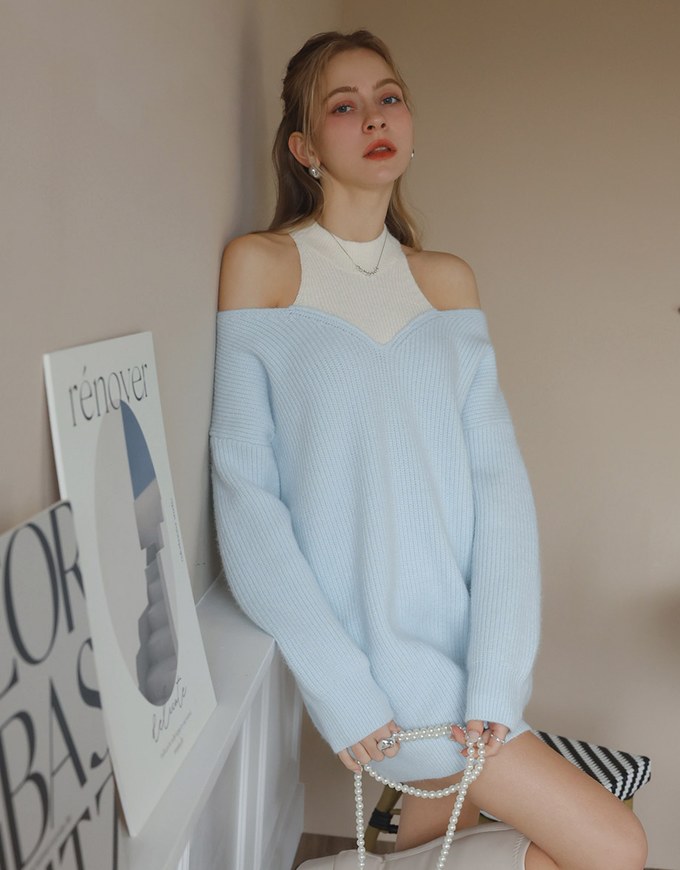 Cold Shoulder Oversized Knit Top With Color Block Design