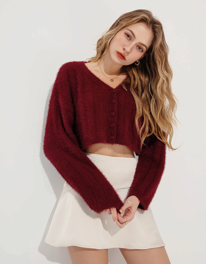 Long Sleeve Fluffy Mohair Ribbed Cropped Top