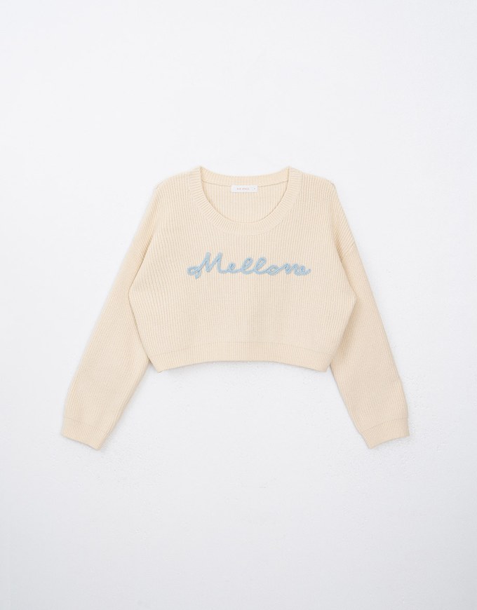 Long Sleeve Mellow Letter Embroidered Knit Cropped Top