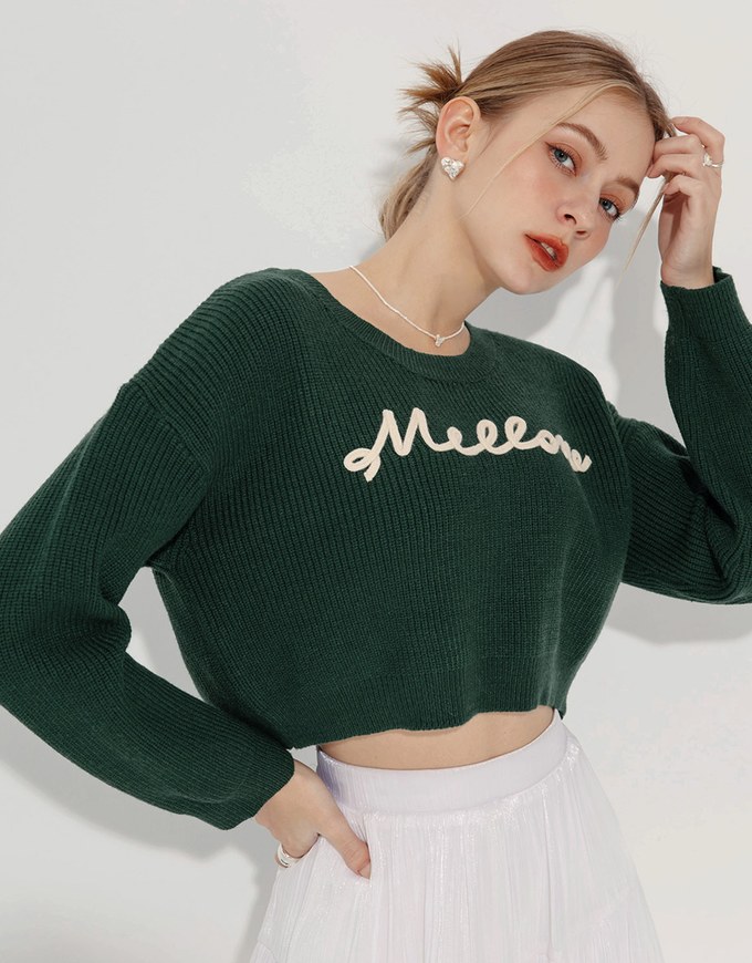 Long Sleeve Mellow Letter Embroidered Knit Cropped Top