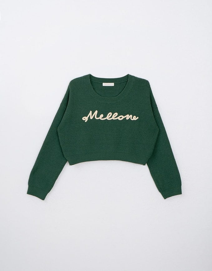 Long Sleeve Mellow Letter Embroidered Knit Cropped Top