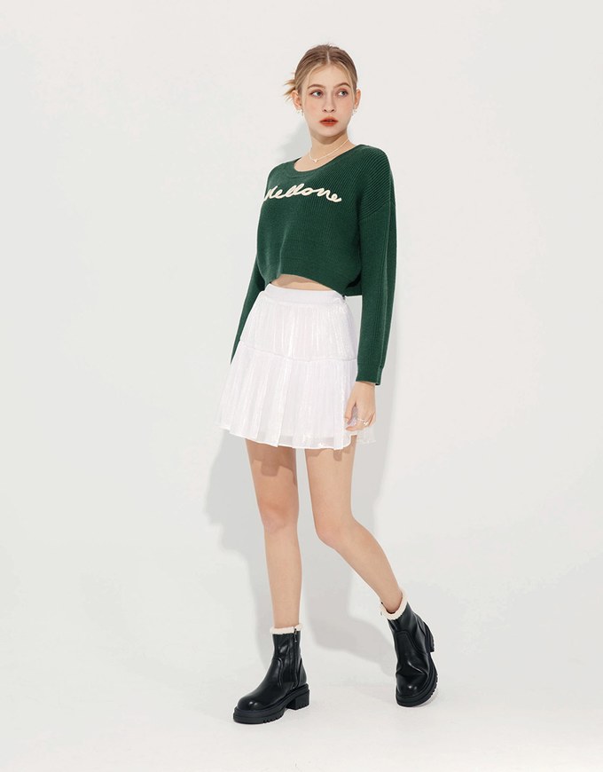 Long Sleeve Mellow Letter Embroidered Knit Cropped Top