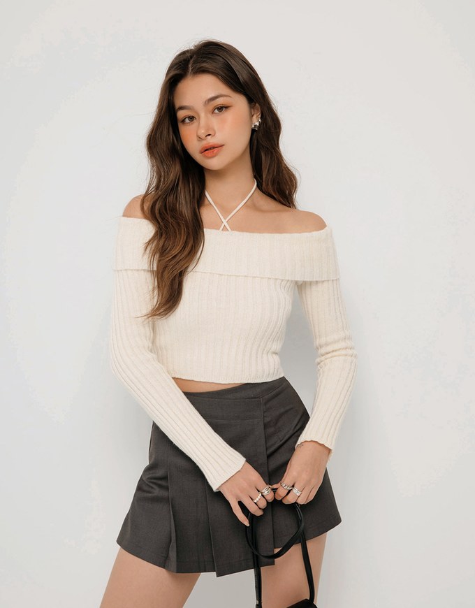 2 Way Long Sleeve Off Shoulder Striped Knitted Top