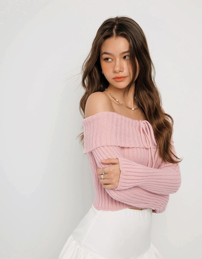 2 Way Long Sleeve Off Shoulder Striped Knitted Top