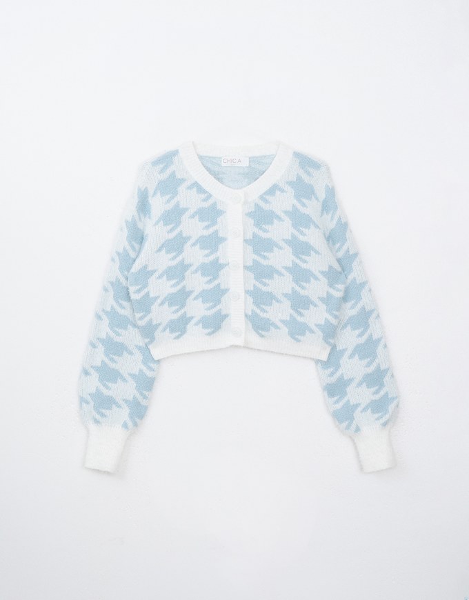 Mohair Houndstooth Knit Cardigan with Button Closure