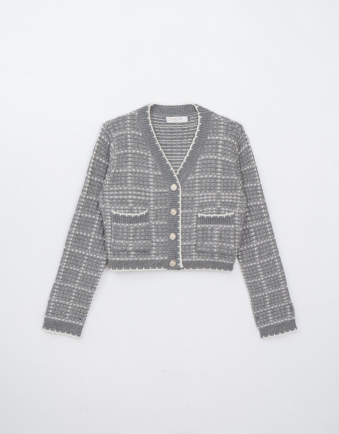 Classic Tweed Knit Cardigan With Button Closure