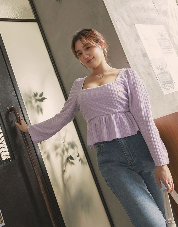 Square Neck Ruffle Flared Knit Top