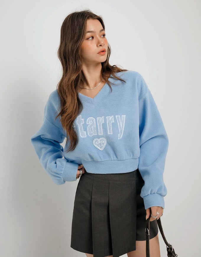 V Neck Lace Letter Embossed Sweatshirt