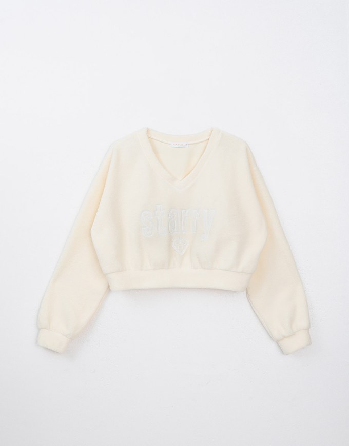 V Neck Lace Letter Embossed Sweatshirt