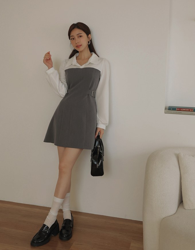 Long Sleeve Collar Patchwork Mini Dress