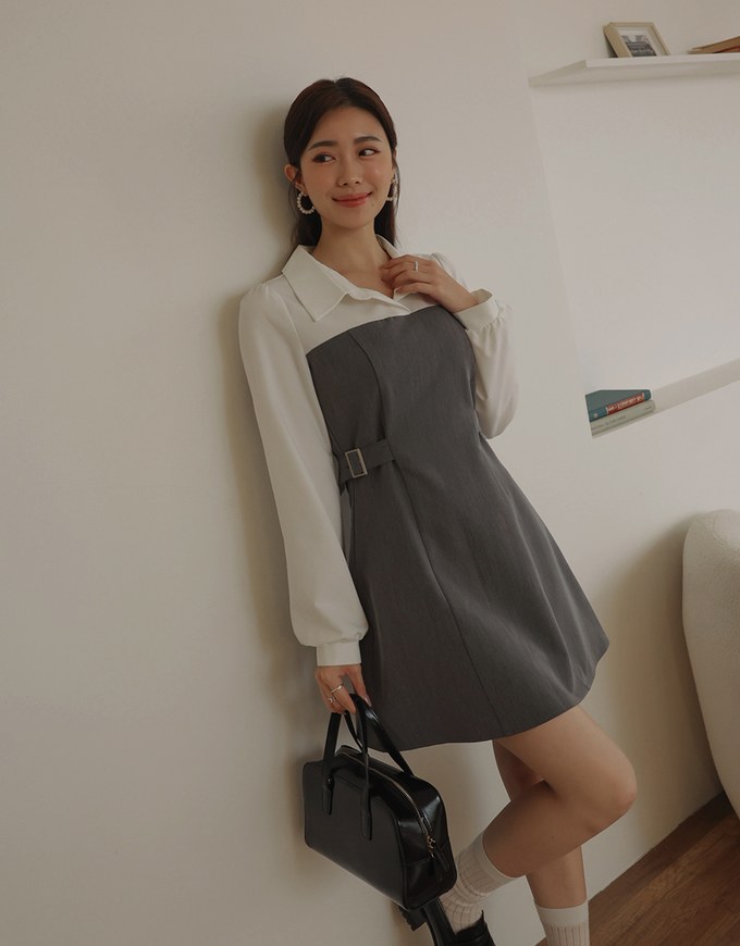 Long Sleeve Collar Patchwork Mini Dress