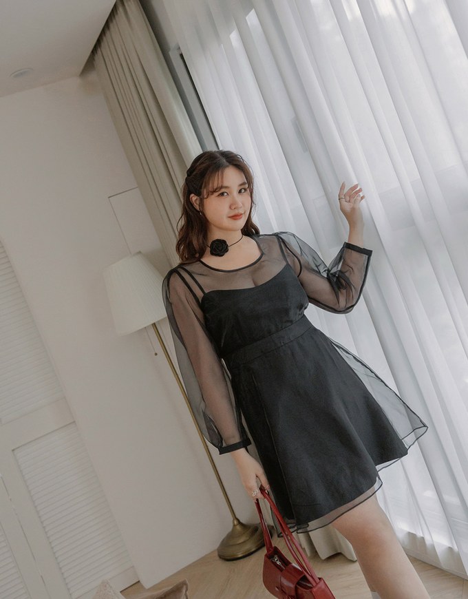 Sheer Back Tie Puff Sleeve Mini Dress