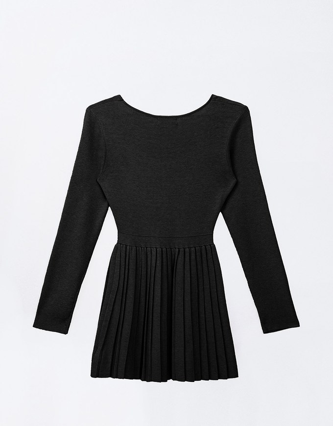 Long Sleeve A Line Pleated Knitted Mini Dress