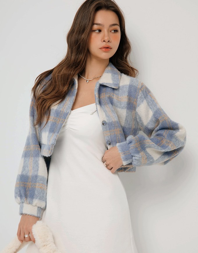 Plaid Button Front Woolen Jacket With Collared Neck