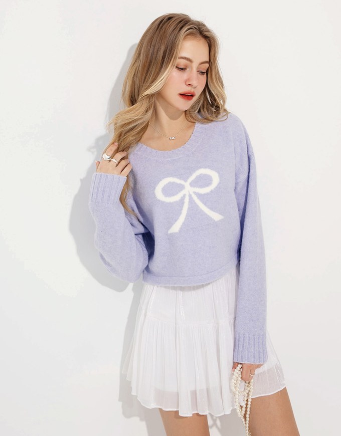 Long Sleeve Bow Pattern Crop Knit Top