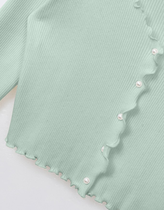 Pearl Button Ruffle Trim Heavyweight Knitted Top