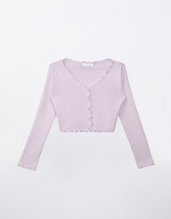 Pearl Button Ruffle Trim Heavyweight Knitted Top