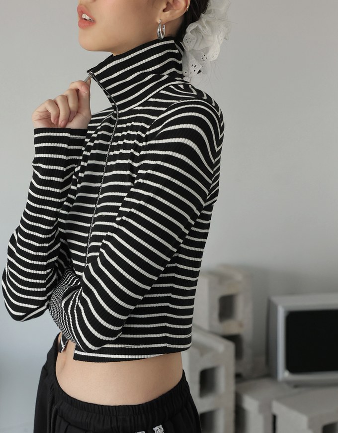 Collared Striped Double Zipper Long Sleeve Top