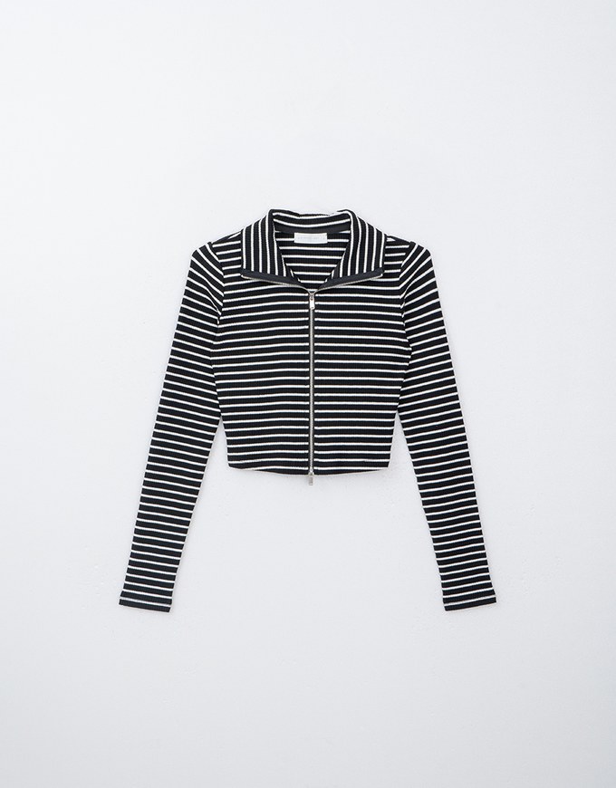 Collared Striped Double Zipper Long Sleeve Top