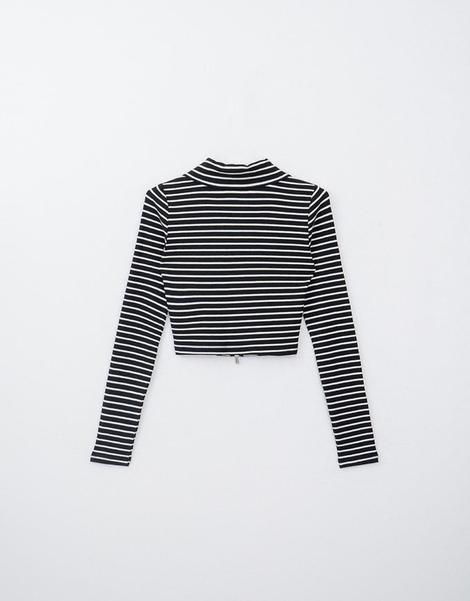 Collared Striped Double Zipper Long Sleeve Top