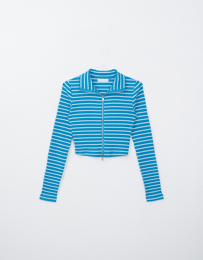 Collared Striped Double Zipper Long Sleeve Top