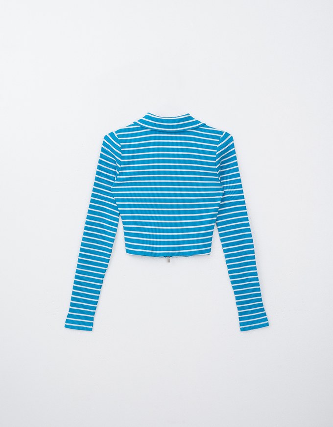 Collared Striped Double Zipper Long Sleeve Top