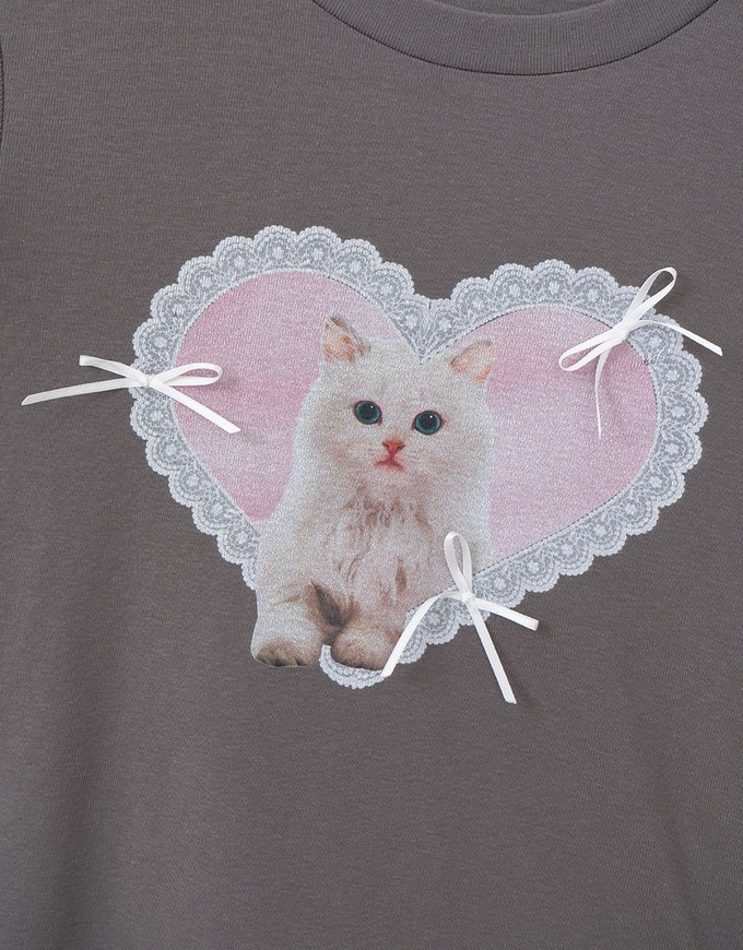 Cat Print Bow Ribbon Tee