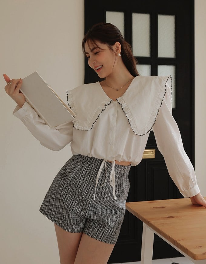 French Ruffle Collar Drawstring Blouse