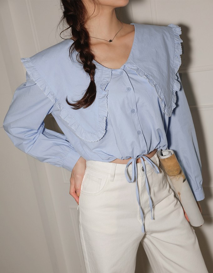 French Ruffle Collar Drawstring Blouse