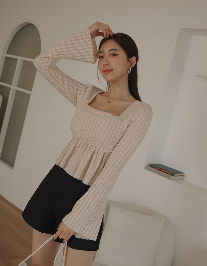 Square Neck Ruffle Flared Knit Top