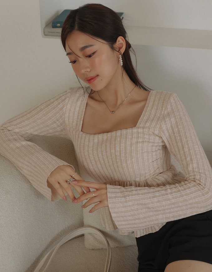 Square Neck Ruffle Flared Knit Top