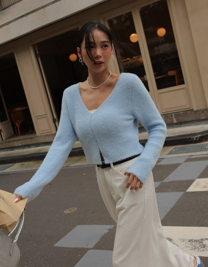 Mohair V Neck Slit Sweater