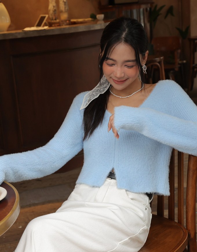 Mohair V Neck Slit Sweater