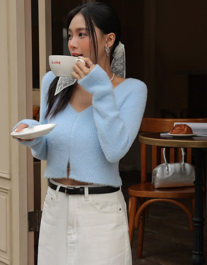 Mohair V Neck Slit Sweater