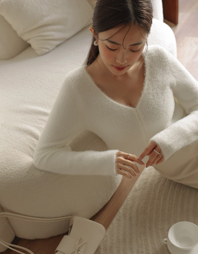 Mohair V Neck Slit Sweater