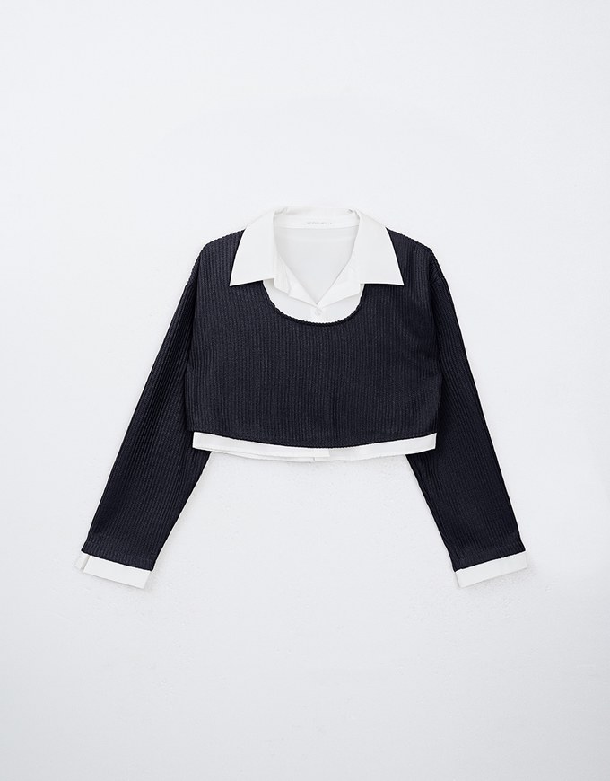 Faux 2 Piece Preppy Collared Crew Neck Patchwork Top