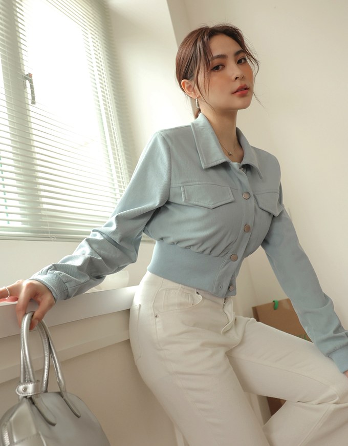 Solid Color Corduroy Polo Neck Cropped Top