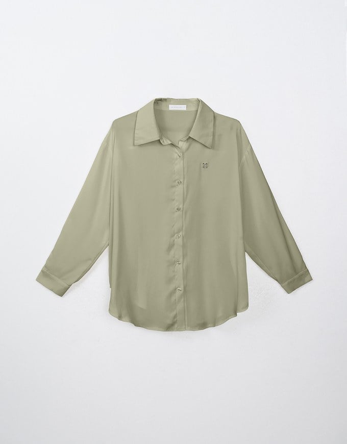 Basic Long Sleeve Button Up Straight Blouse With Air Space Logo Embroidered