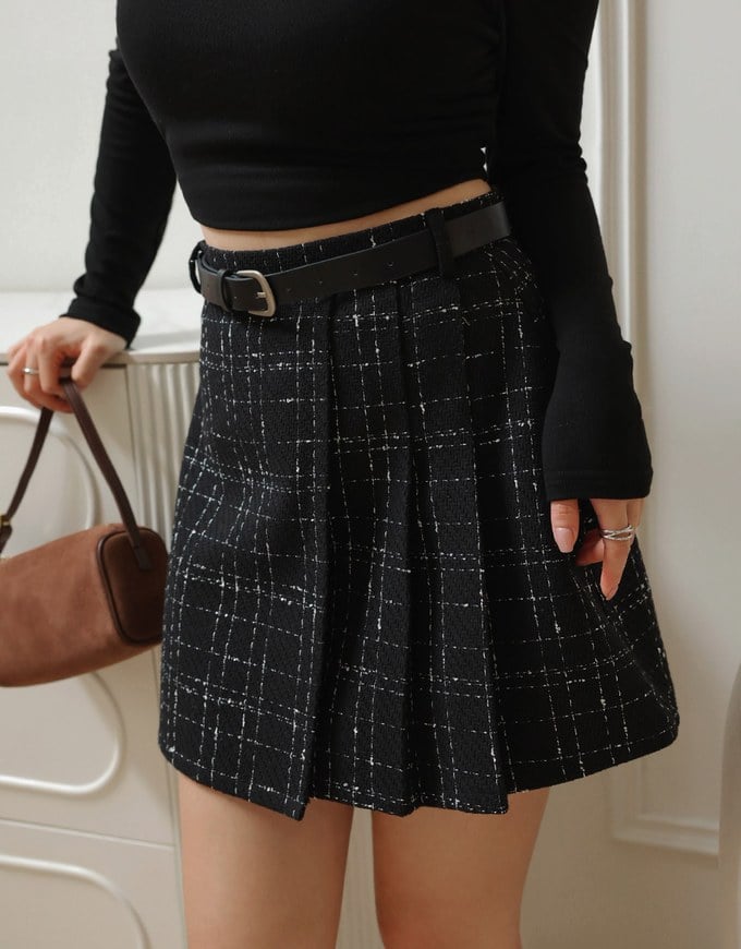 Classic Plaid Woolen Mini Skirt (with Belt)