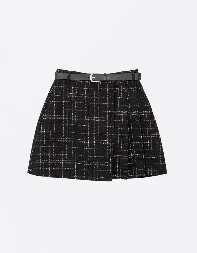 Classic Plaid Woolen Mini Skirt (with Belt)