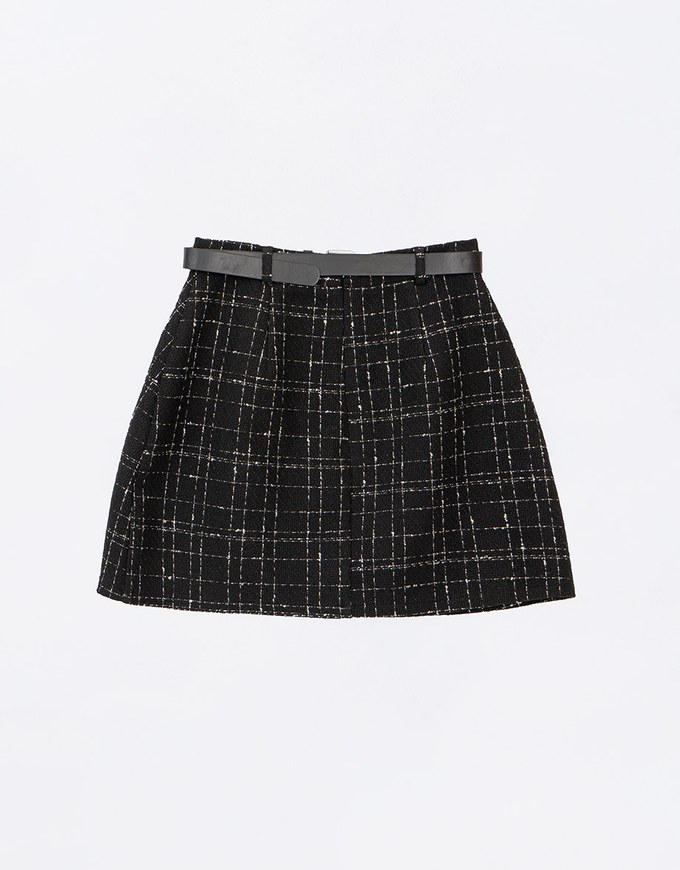 Classic Plaid Woolen Mini Skirt (with Belt)