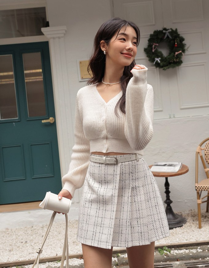 Classic Plaid Woolen Mini Skirt (with Belt)