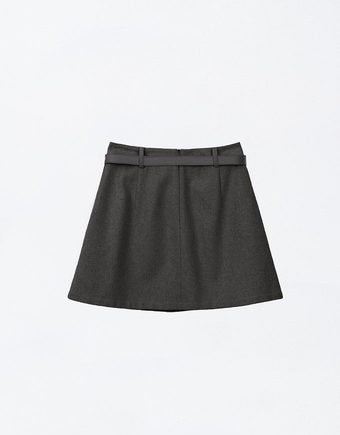 Basic Solid Color Woolen Mini Skirt (with Belt)