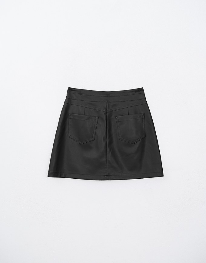 Front Button High Waist Faux Leather Mini Skirt