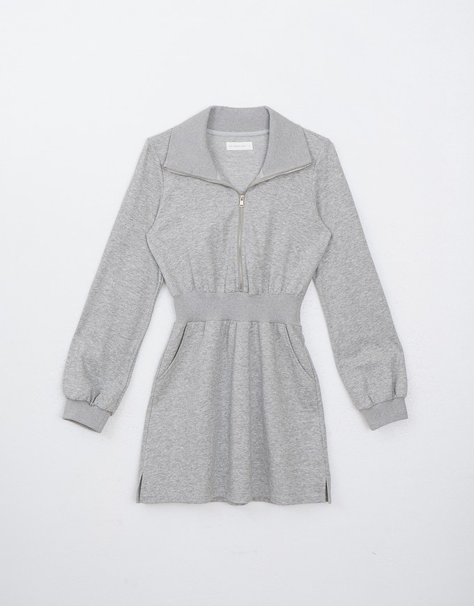 Collared Sweatshirt Dress with Pockets and Zipper Closure