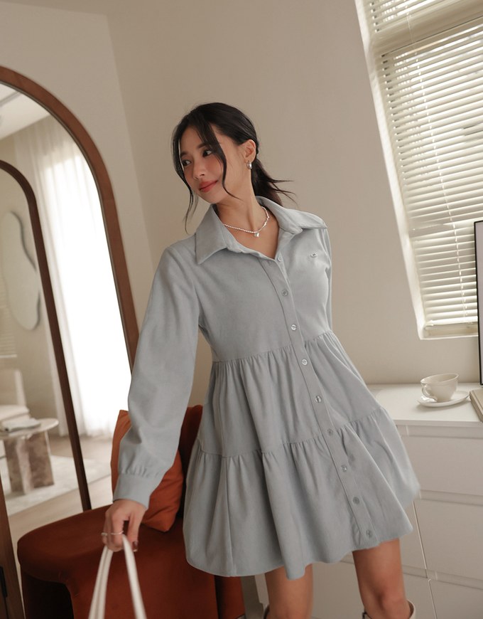 Corduroy Button Up Tiered Mini Dress