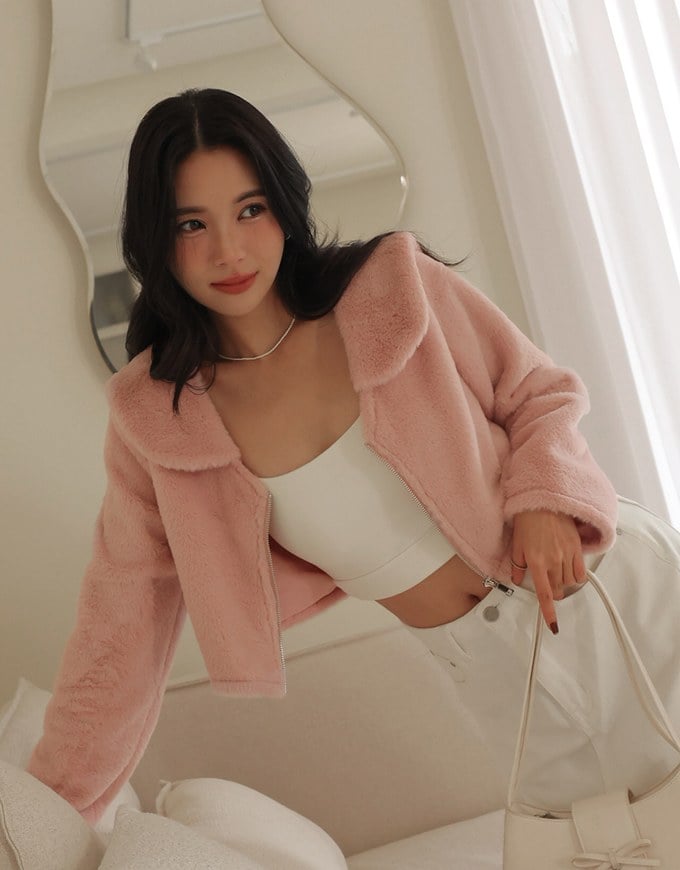 Fluffy Zipper Front Cropped Jacket