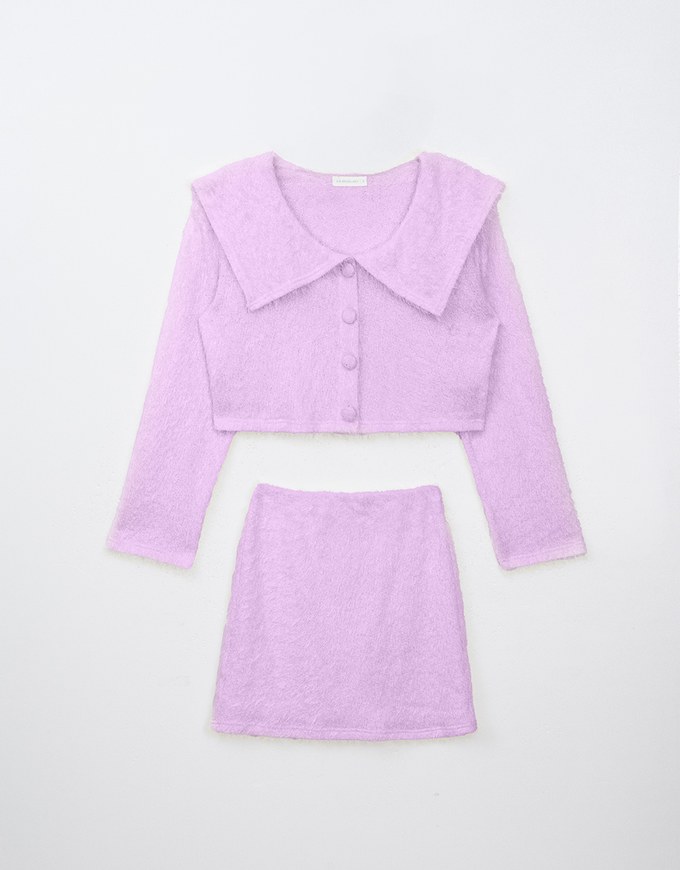 Fluffy Sailor Collar Button Up Knit Top With Plain Fluffy Mini Skirt Set Wear