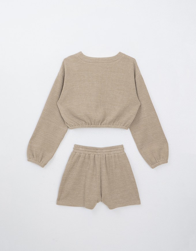 Regular Fitted V Neck Ribbed Long Sleeve Knit Top And Shorts Set Wear